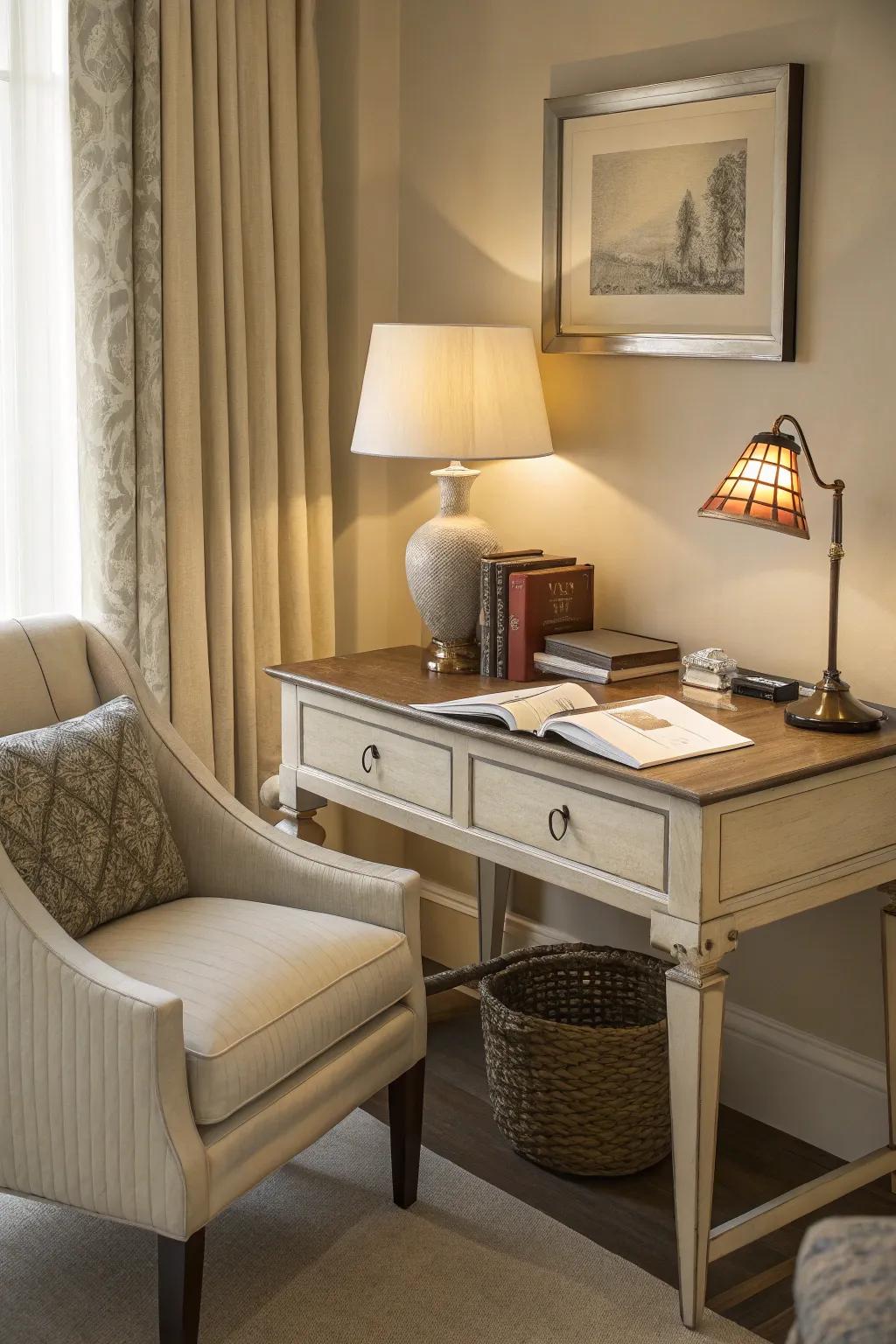 A small desk adds functionality and charm to the keeping room.