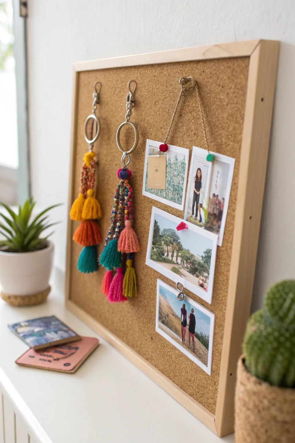 Transform your wall into a personal gallery with this DIY corkboard collage, where your favorite keychains and memories come together beautifully.