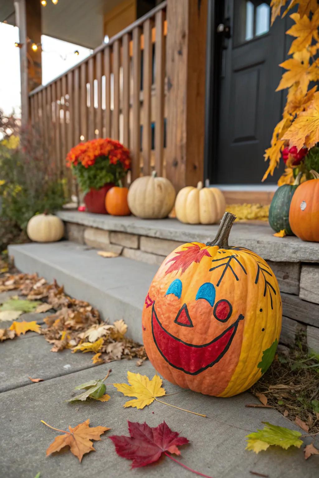 Face paint transforms this pumpkin into a joyful character.