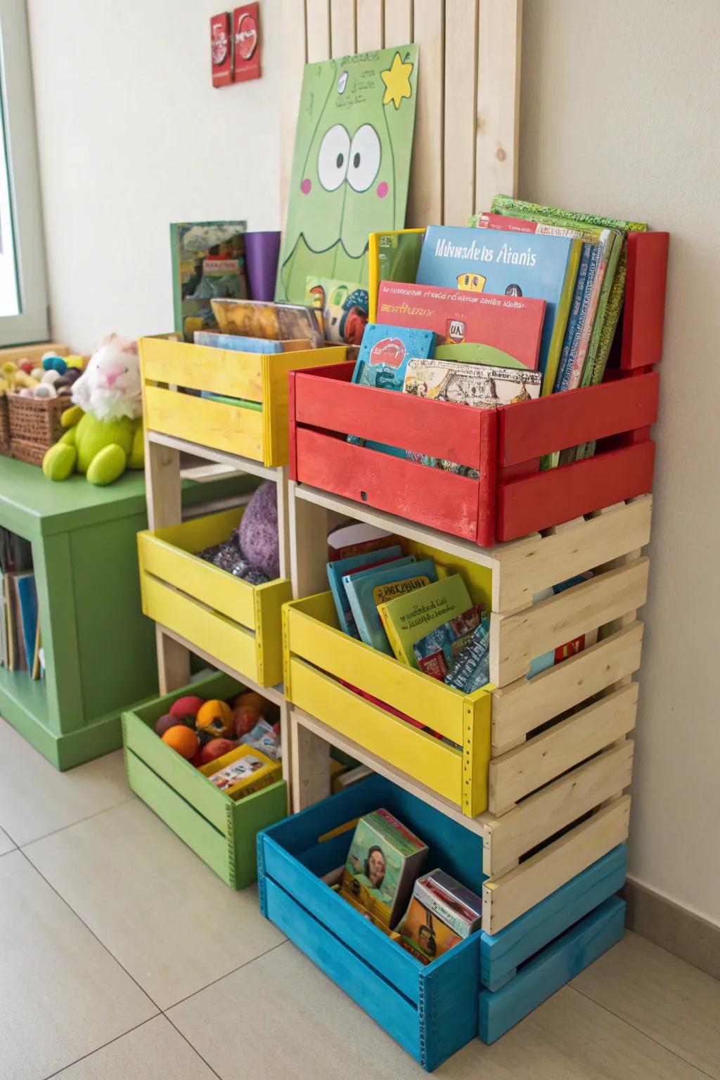 Crates add a charming and functional touch to book storage.