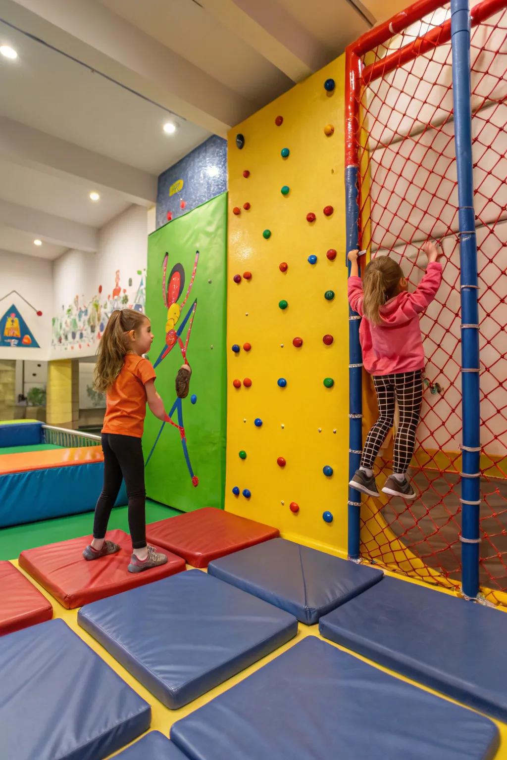 A climbing wall combines fun and physical activity in the playroom.