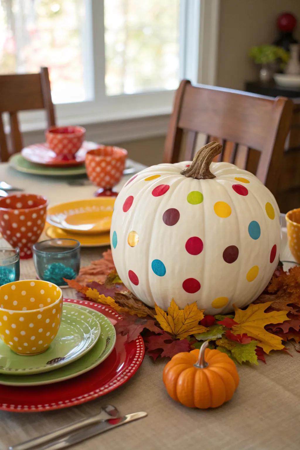 A vibrant polka dot pumpkin adding a playful touch to the dining room.