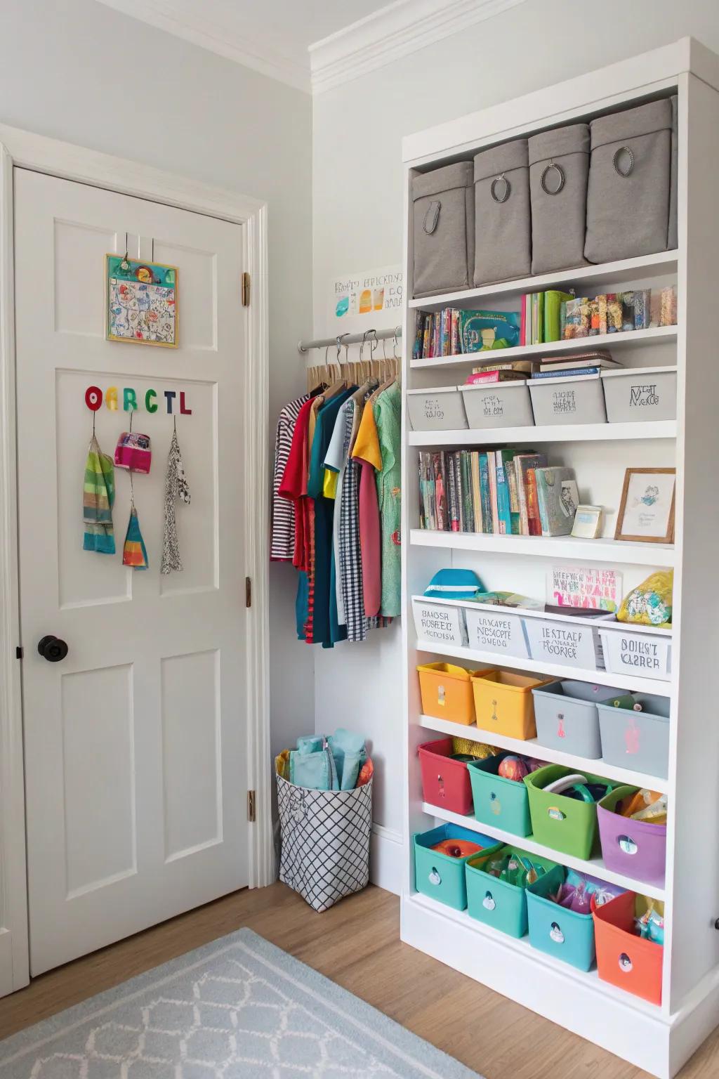 Over-the-door organizers provide hidden, accessible storage.