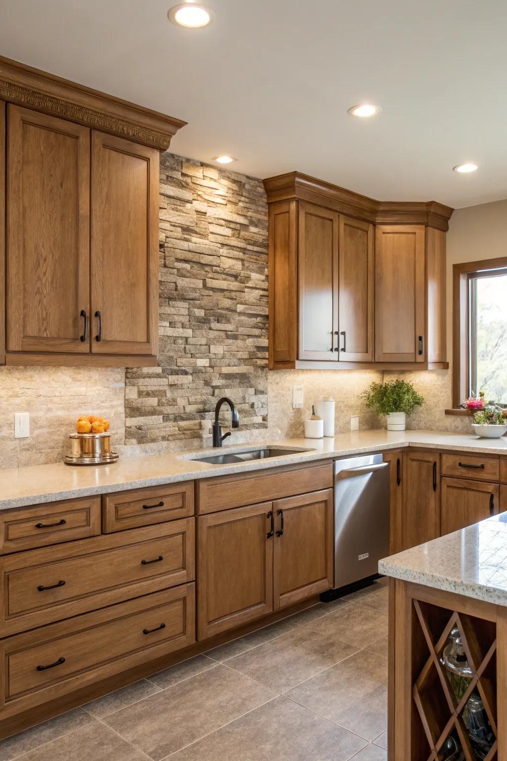 Textured stone tiles adding an organic touch to the kitchen.