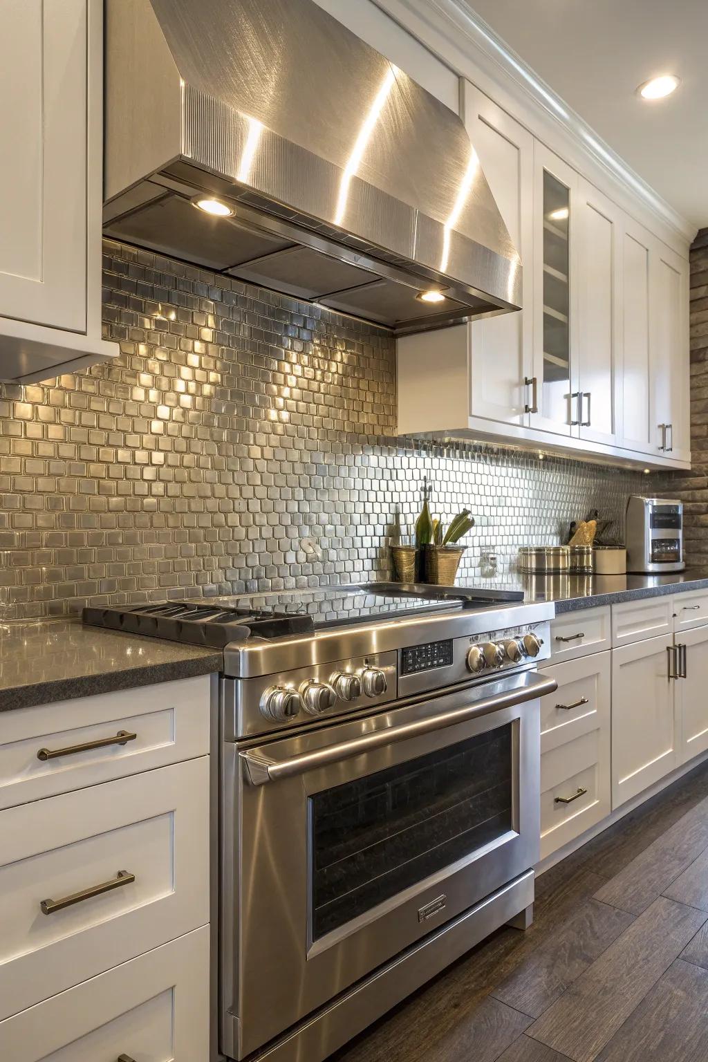 Metallic tiles offer a sleek, industrial edge to your kitchen.