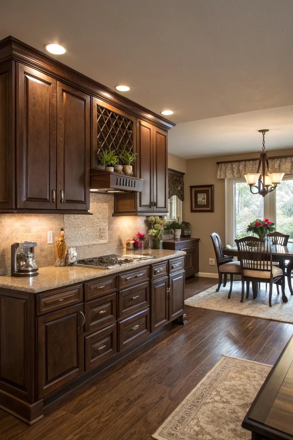 Rich chocolate brown cabinets create an inviting and warm atmosphere.