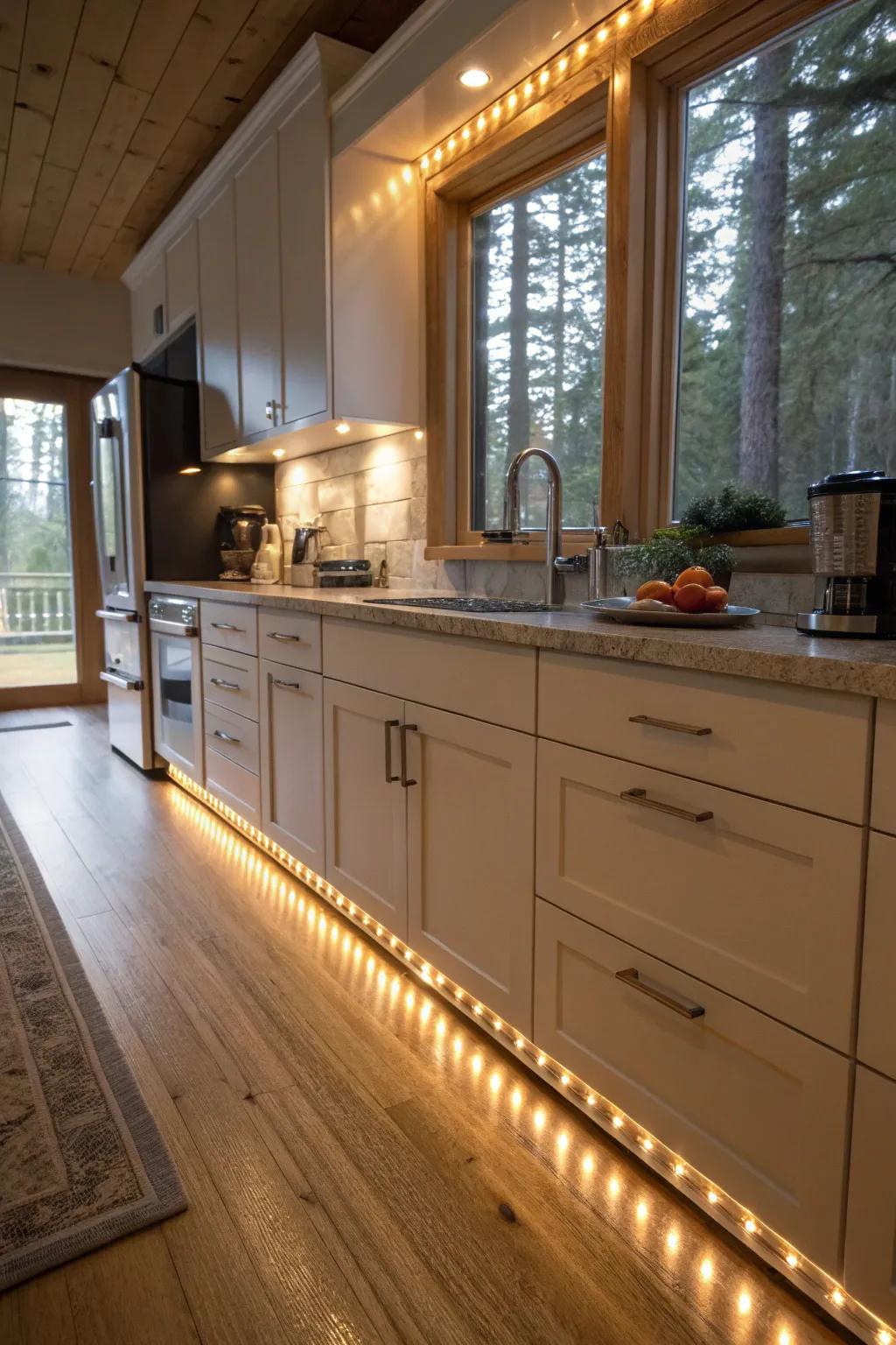 Rope lights provide a soft and even glow under kitchen cabinets.