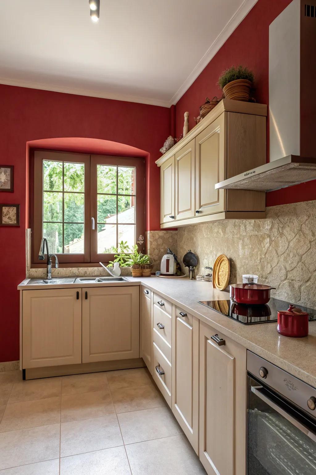 Vibrant red accents bring energy and warmth to the kitchen.