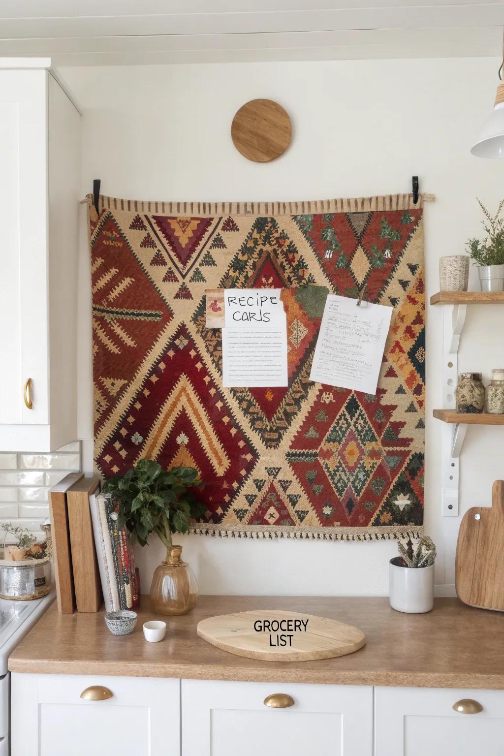 Elevate your kitchen with a fabric-covered bulletin board: the perfect blend of style and organization.