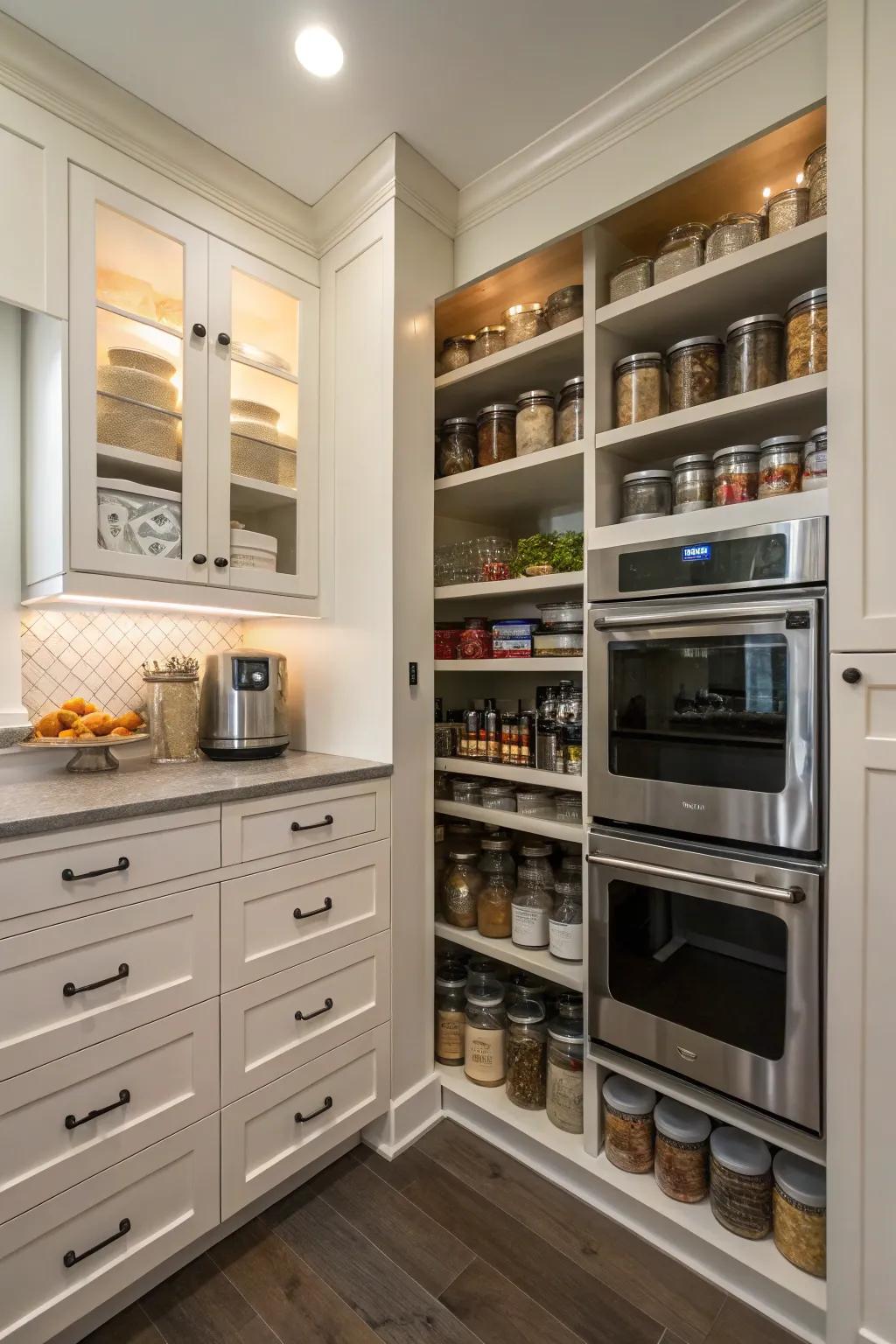 Double ovens discreetly placed in a well-organized pantry.