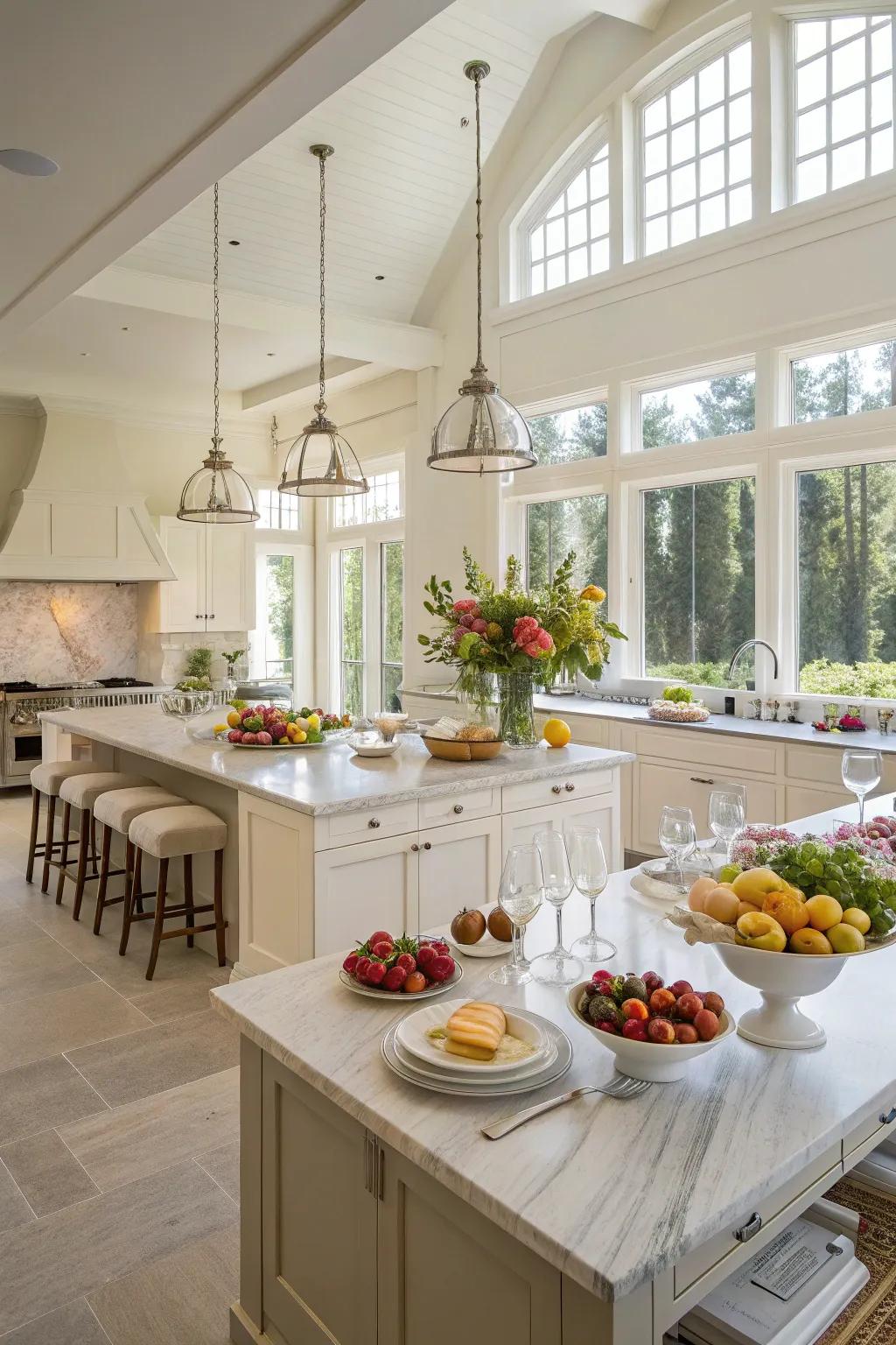 Double islands provide multifunctional space in a large kitchen.