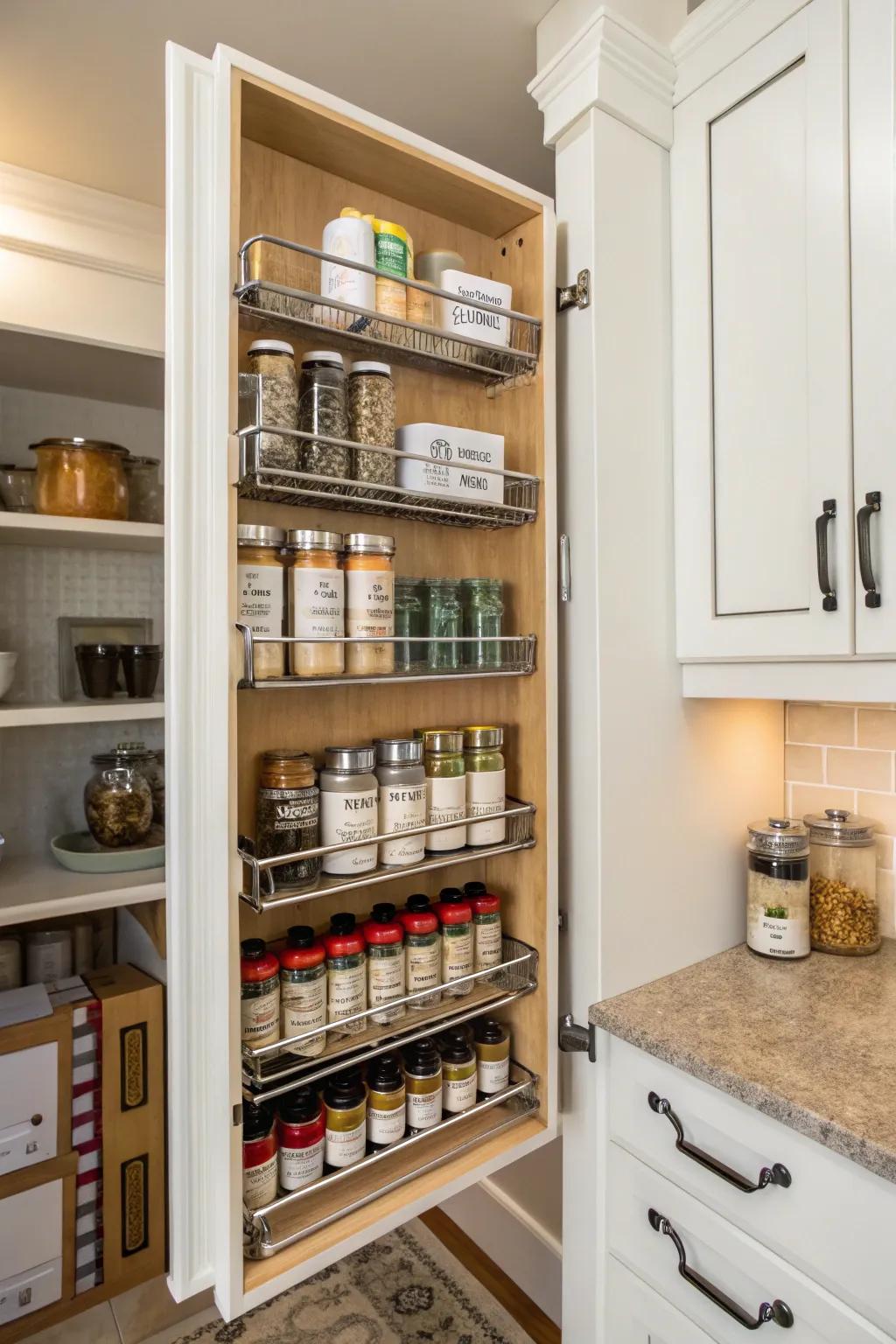 Cabinet doors become useful storage with installed racks.