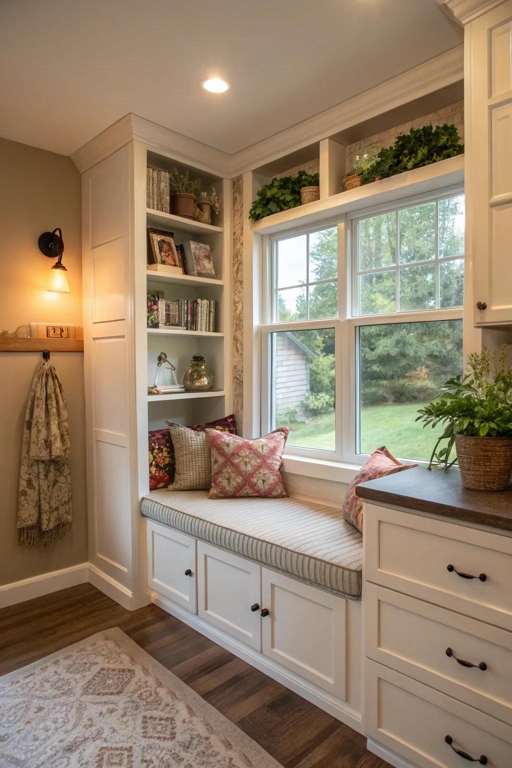 A closet transformed into a cozy window seat nook.