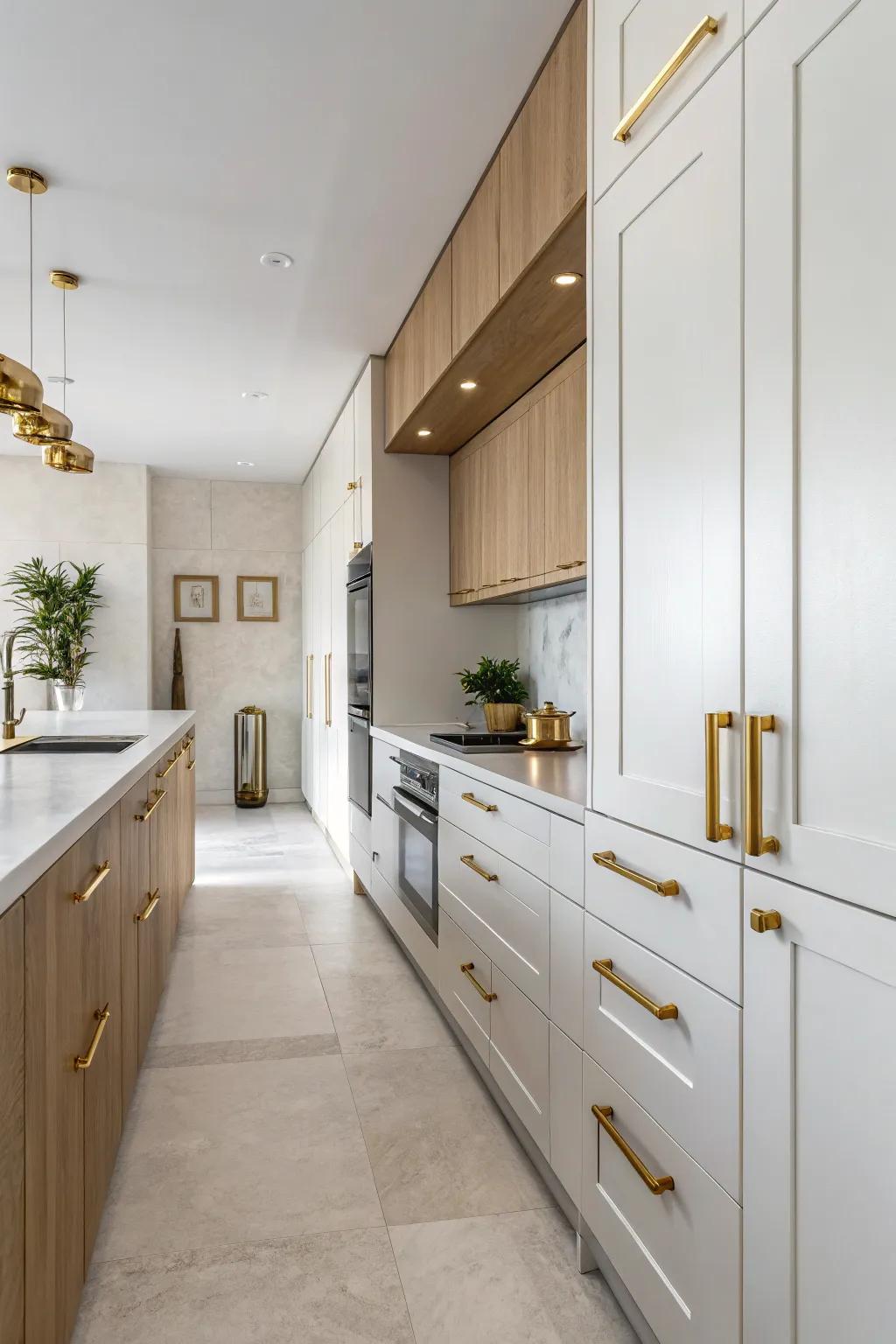 Sleek gold hardware enhances the minimalist design of this modern kitchen.