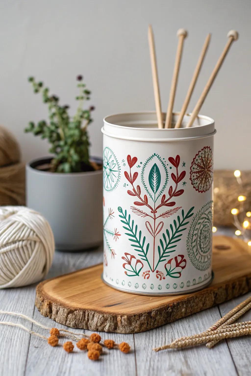 Transform old tins into chic knitting needle holders, blending Scandinavian minimalism with a touch of boho charm.