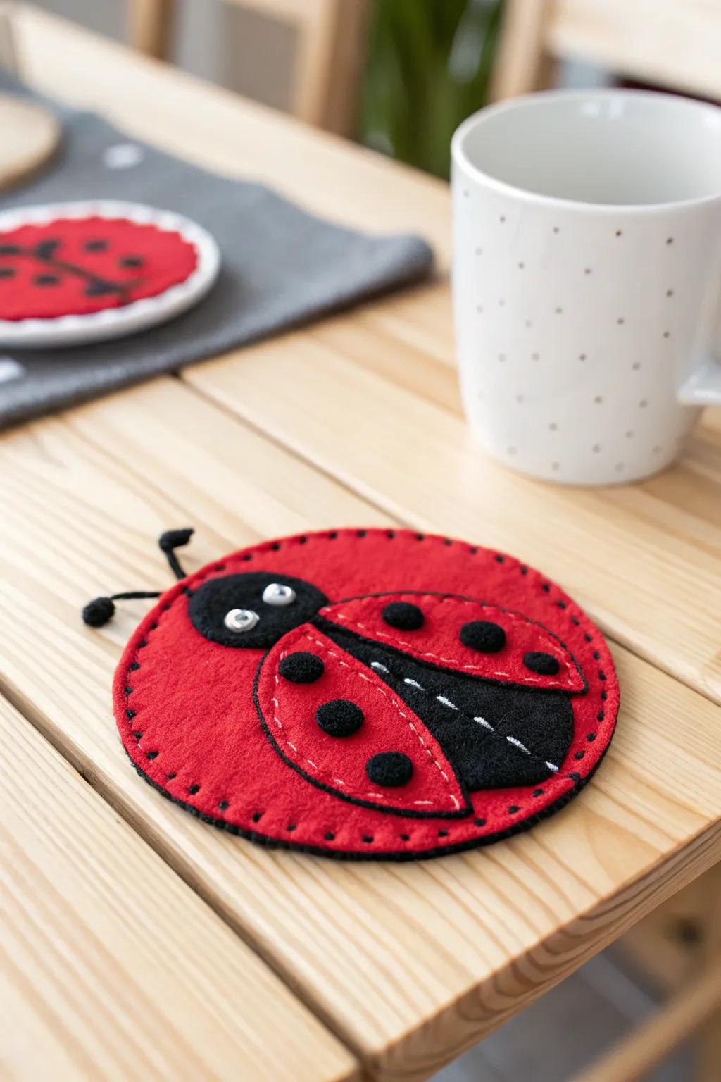 Add a touch of whimsy to your coffee table with these charming ladybug felt coasters, where simplicity meets bold beauty.