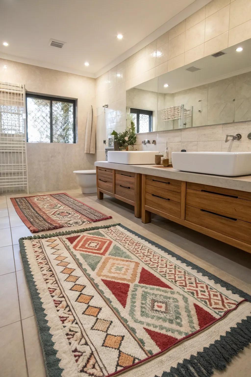 Layered rugs add depth and visual interest to larger bathrooms.