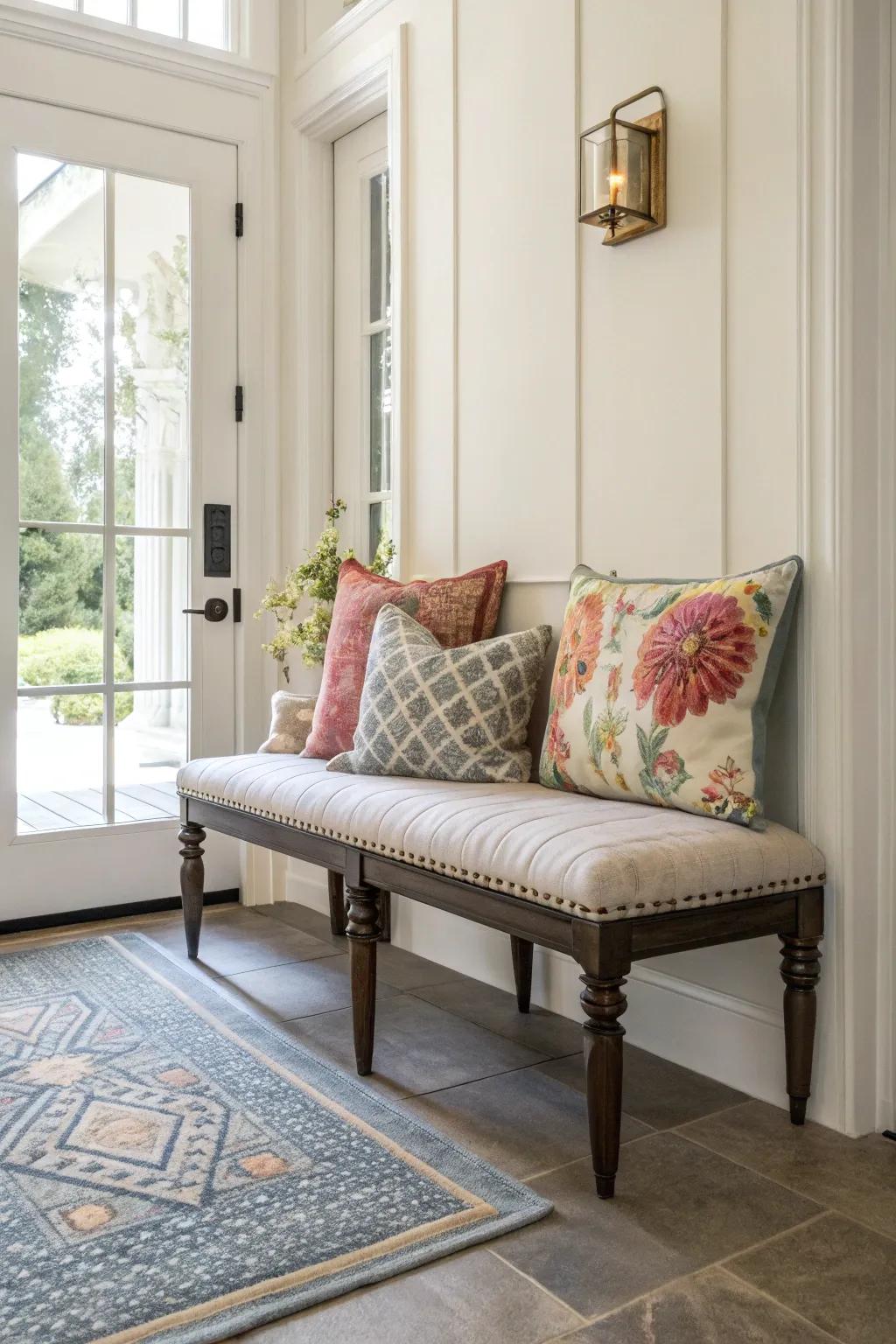 A seating area provides comfort and functionality to an entryway.