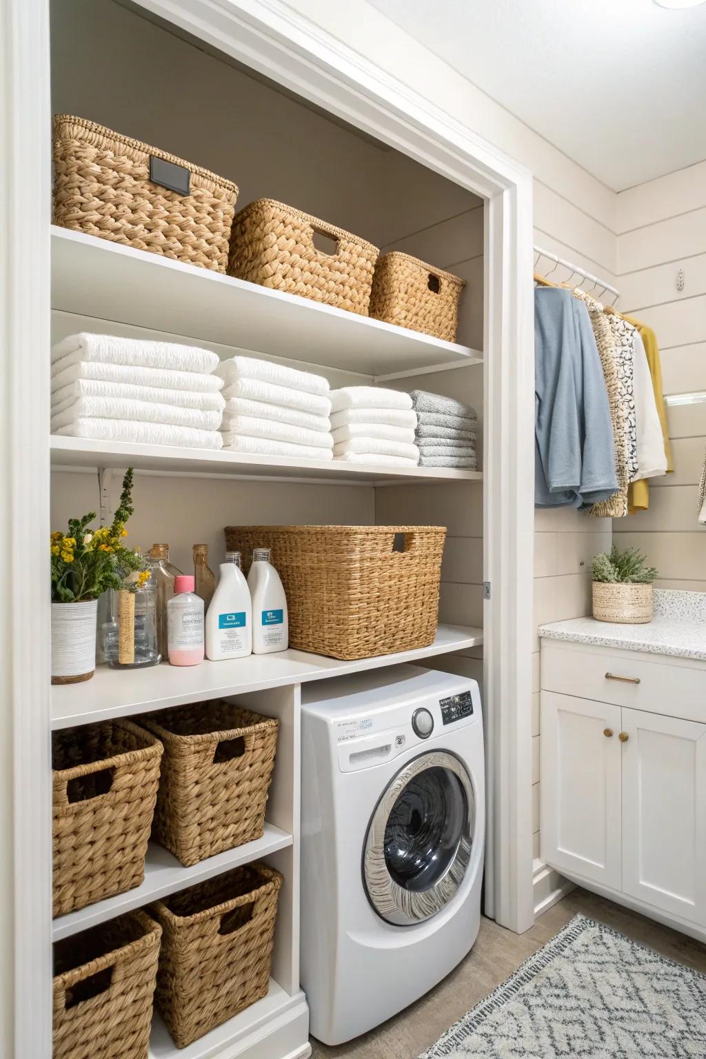 Stylish storage bins bring order and beauty to your laundry closet.