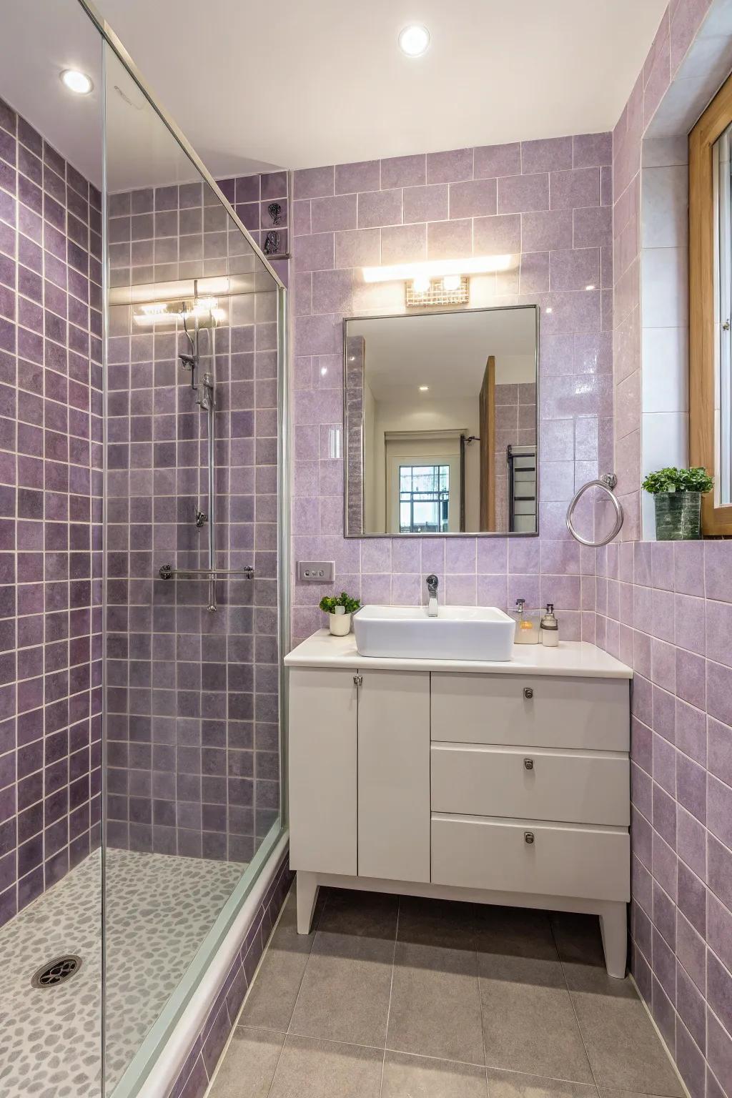 Lavender tiles offer a bold and beautiful statement in this bathroom.