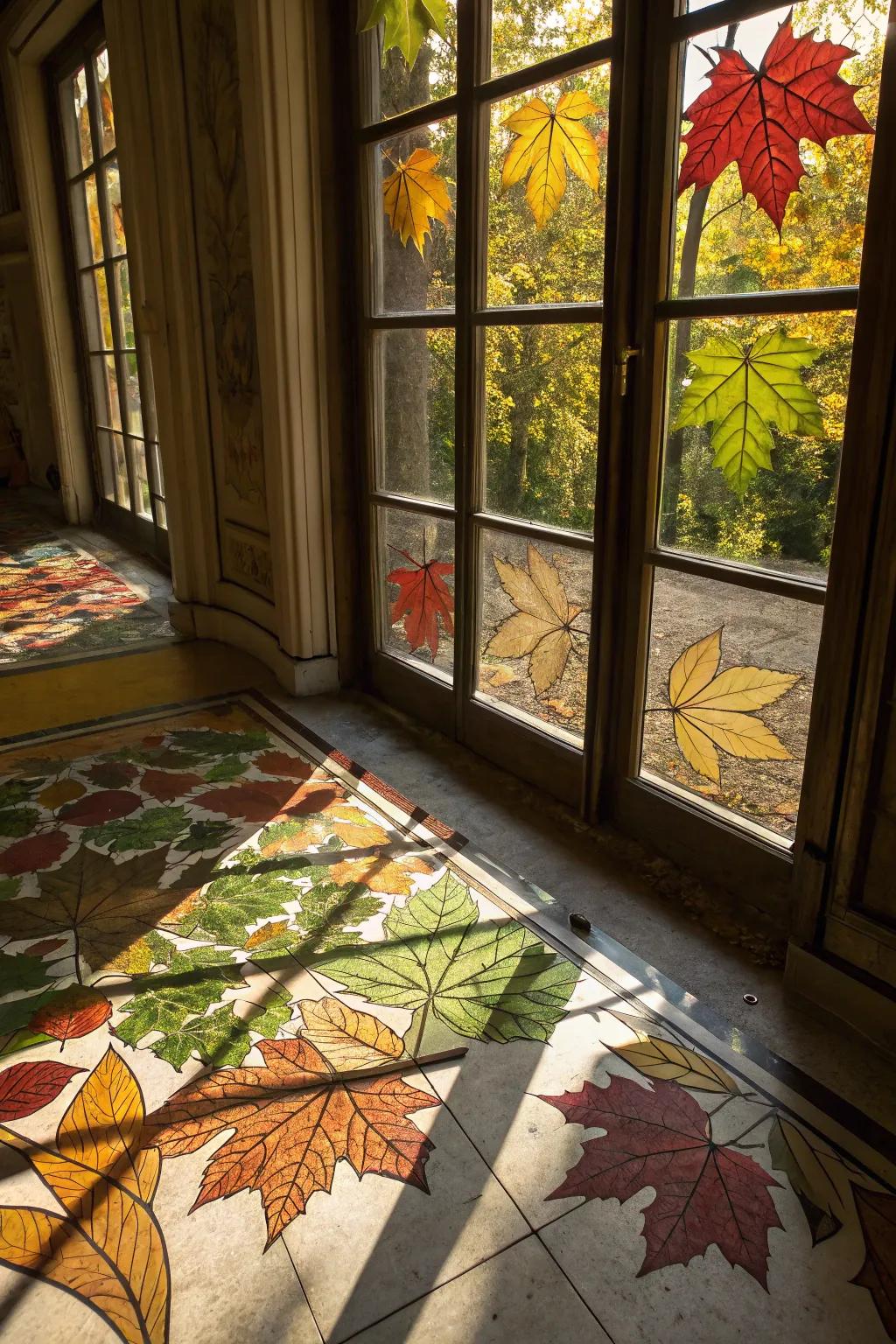 Leaf stained glass art basking in the autumn sunlight.