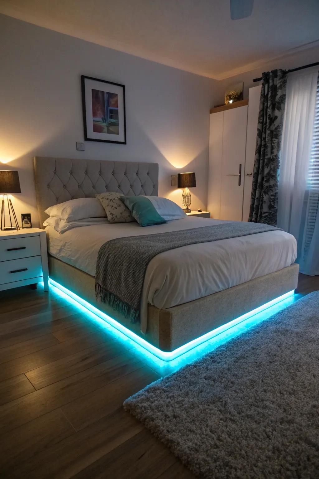 Under-bed LED lighting adds a subtle and soothing glow.