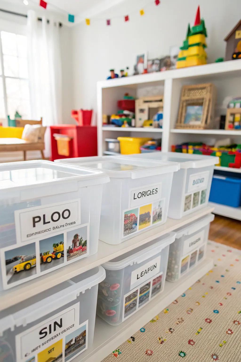 Photo labels for personalized Lego organization.