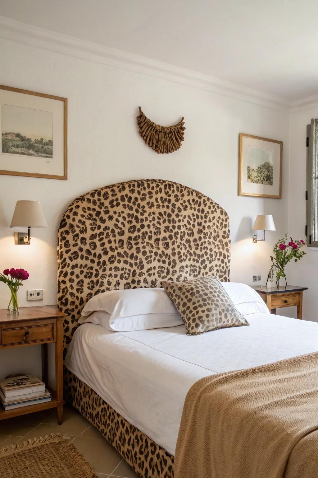 A leopard print headboard creates a bold statement in a minimalist bedroom.