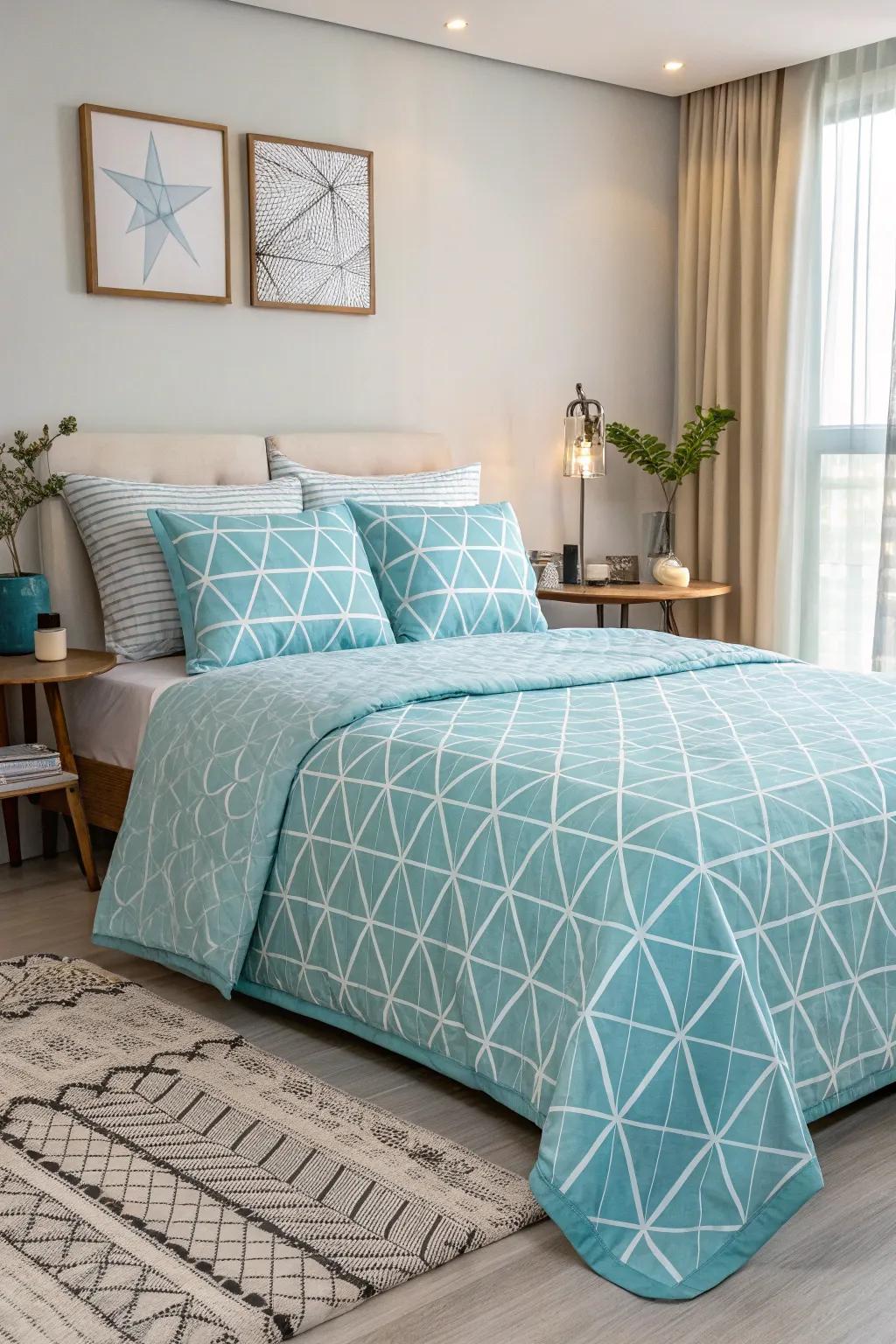 Geometric patterns in light blue add a modern edge to your bedroom.