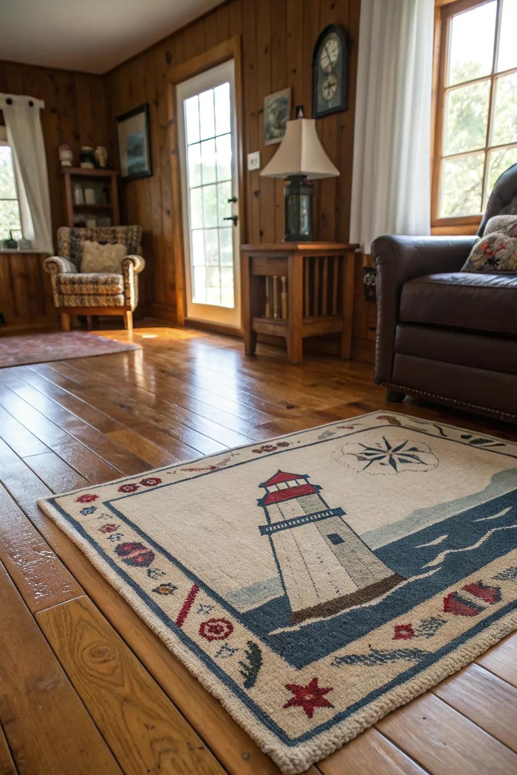 Lighthouse-inspired flooring sets the stage for coastal decor