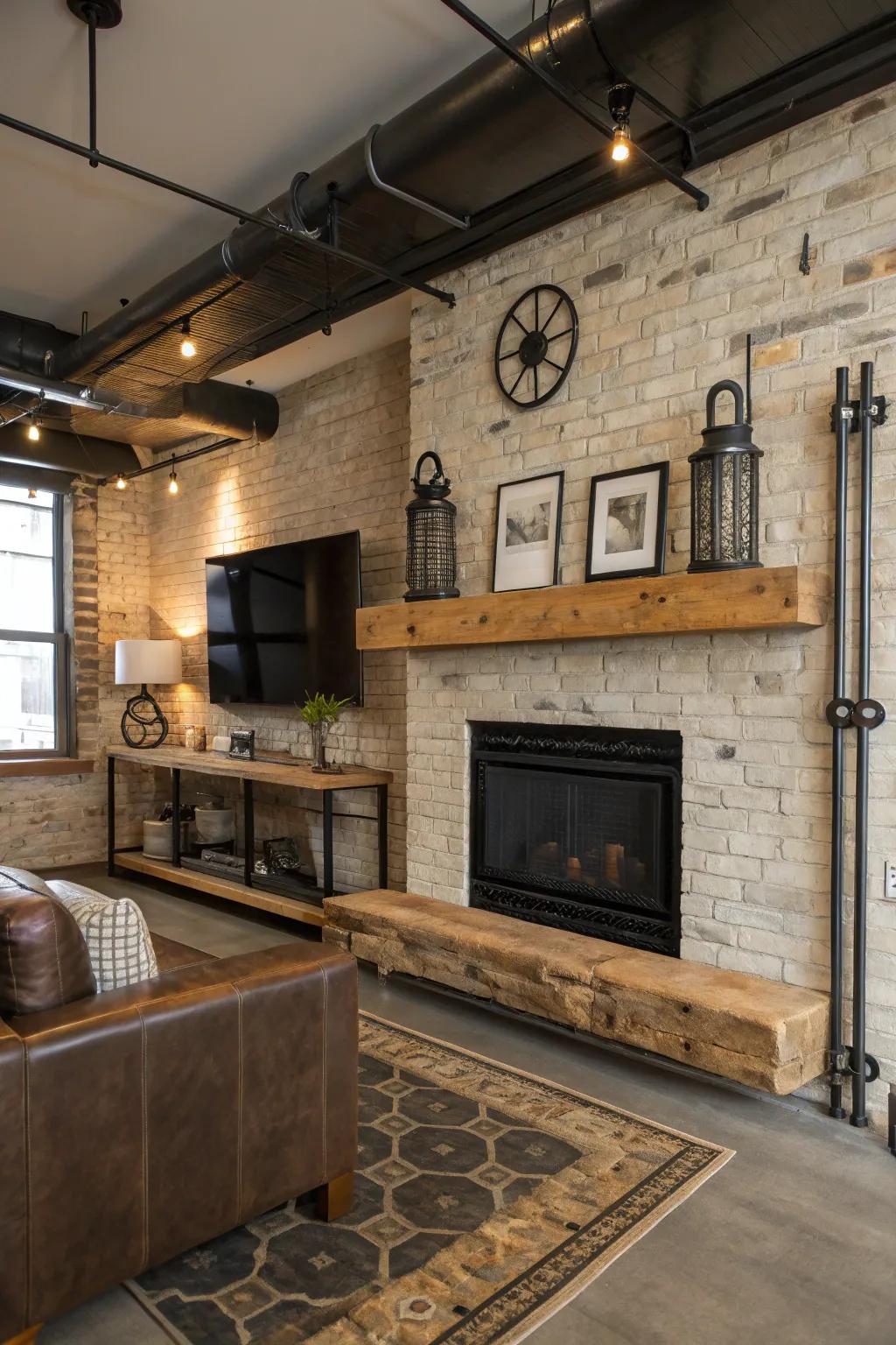 An industrial living room featuring a live edge mantel supported by steel brackets.