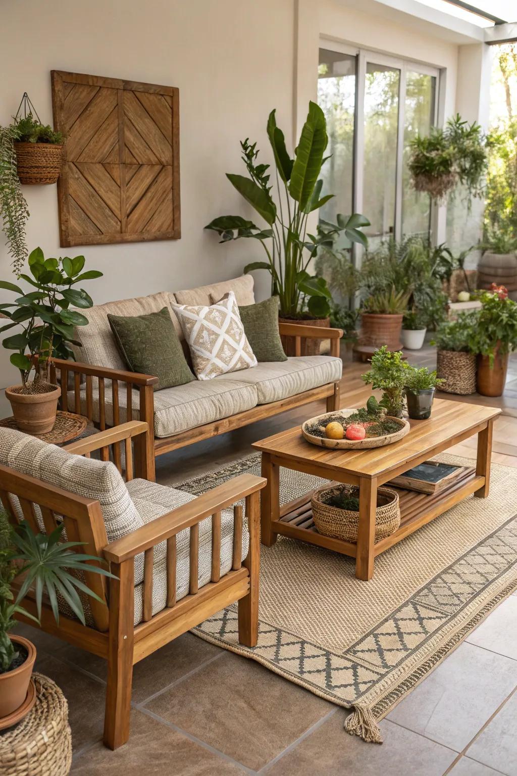 A living room that beautifully integrates outdoor-inspired elements for a fresh feel.