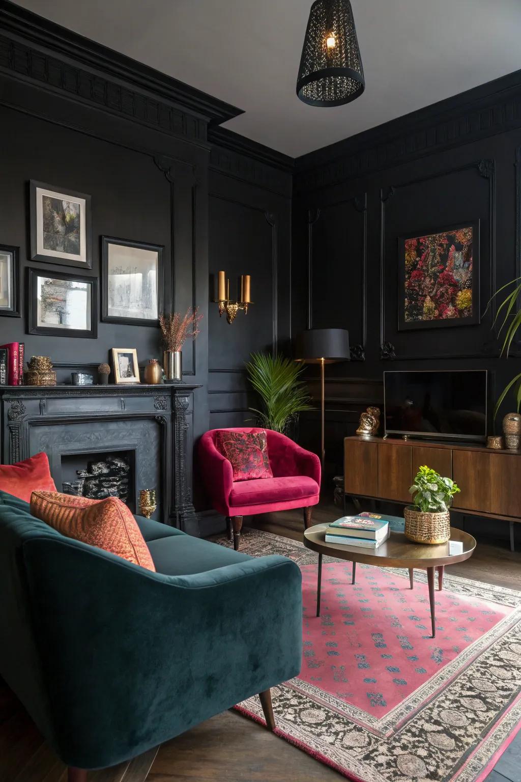 Moody blacks add depth and drama, making a bold statement in your living room.