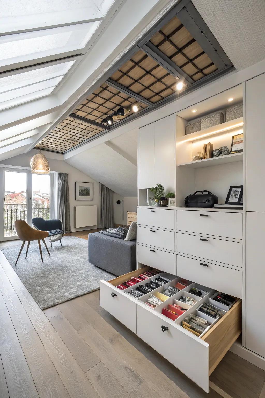 Ceiling drawers offer hidden storage for lighter items.