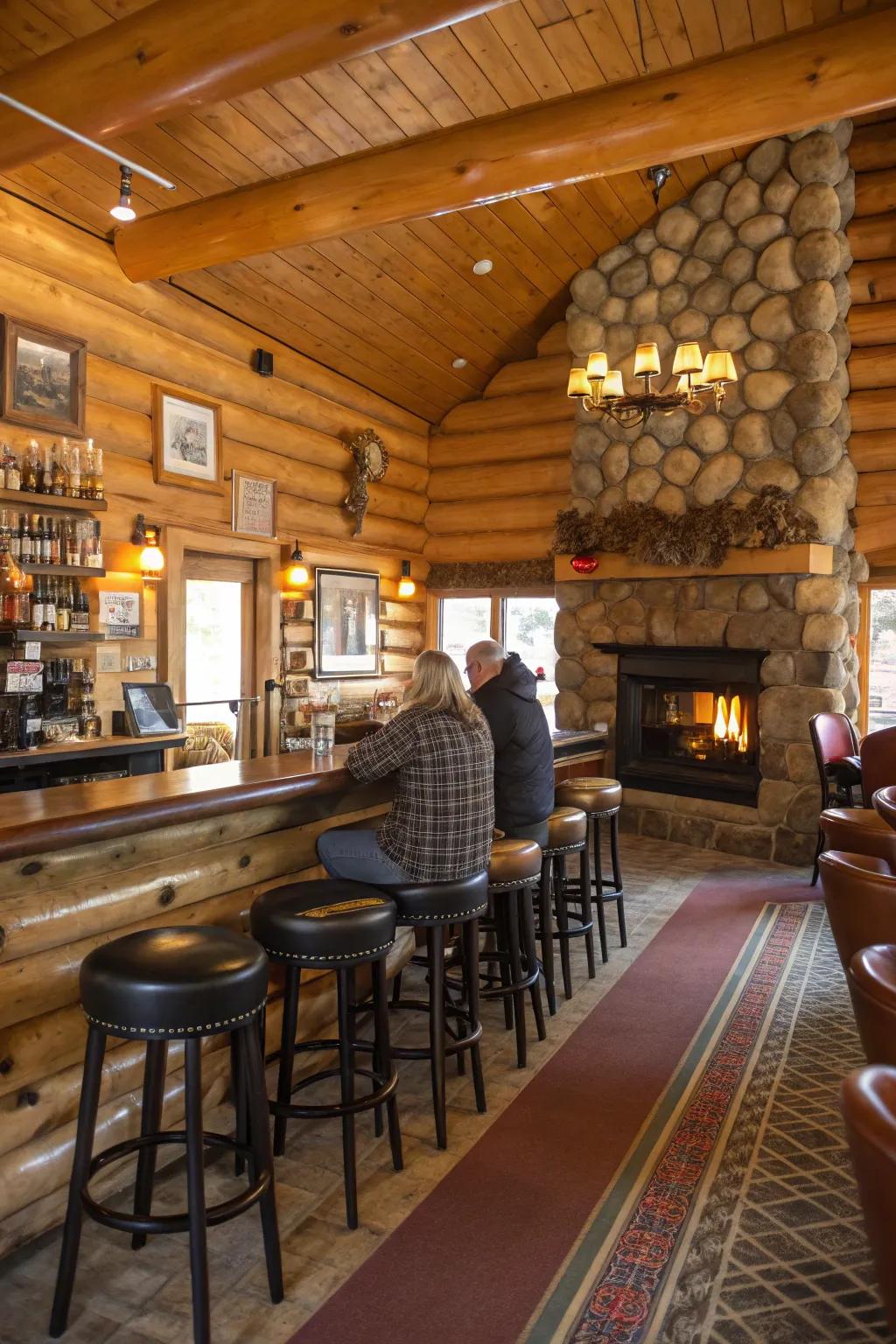 Plush leather stools provide comfort and style in a log cabin bar.