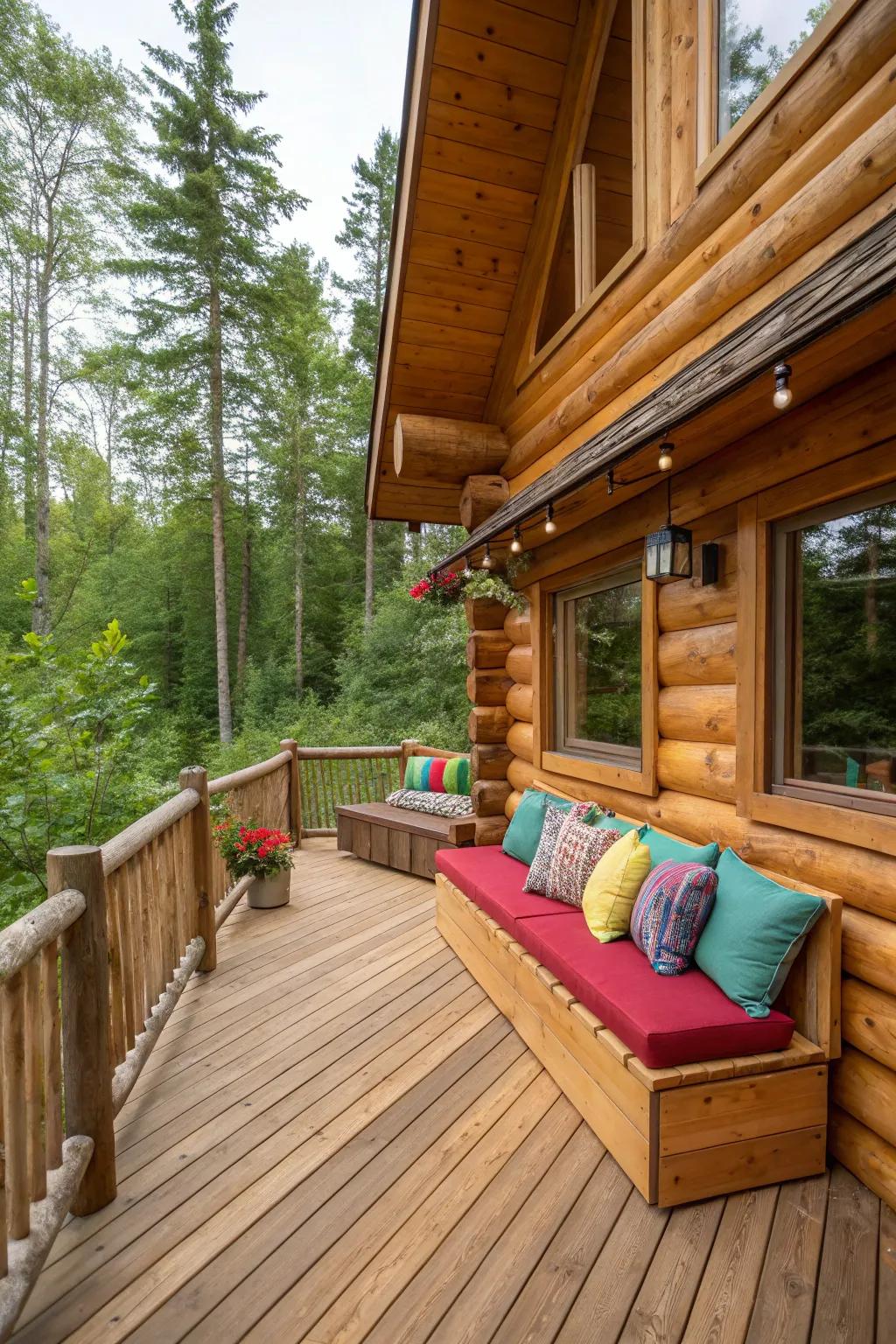 A log cabin deck with practical built-in seating.