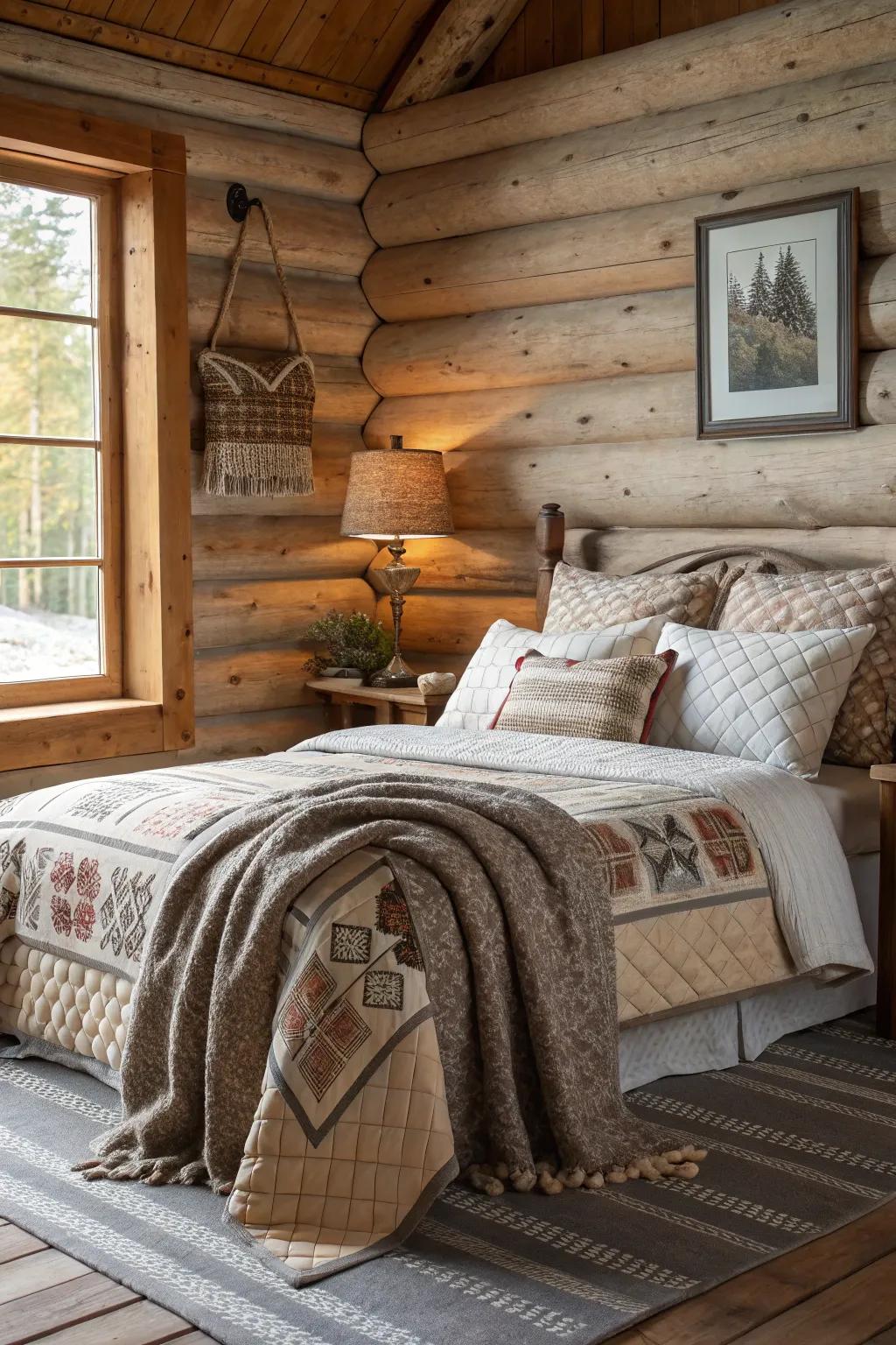 Layered textiles bring warmth and coziness to this log cabin bedroom.