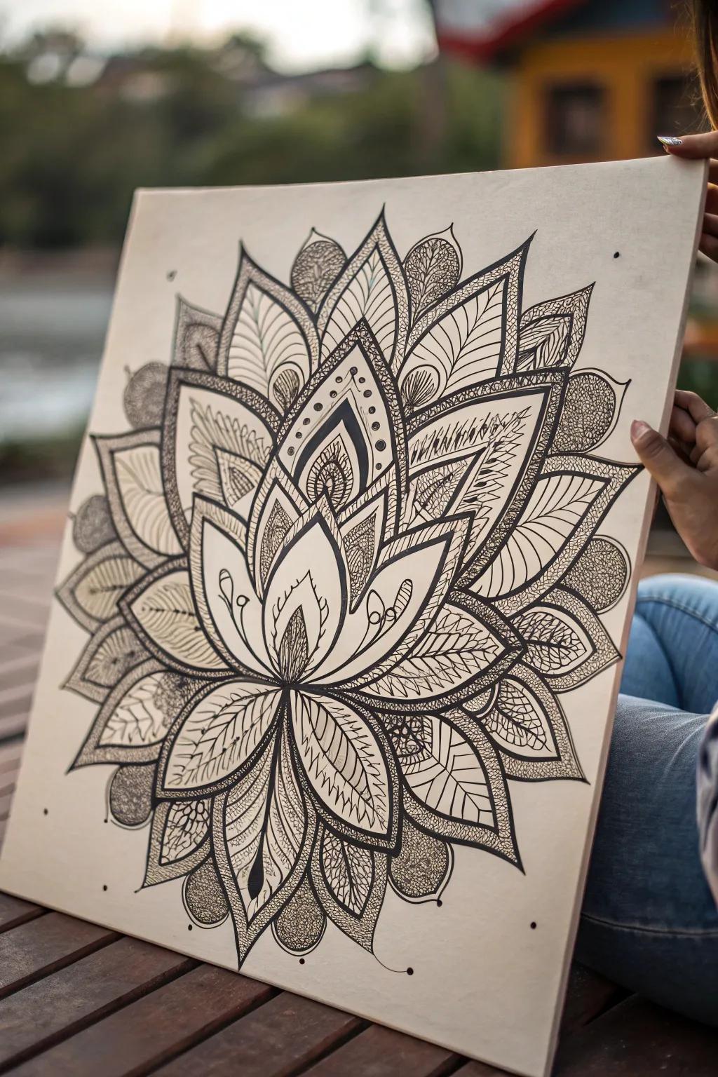 A Zentangle lotus painting full of intricate patterns.