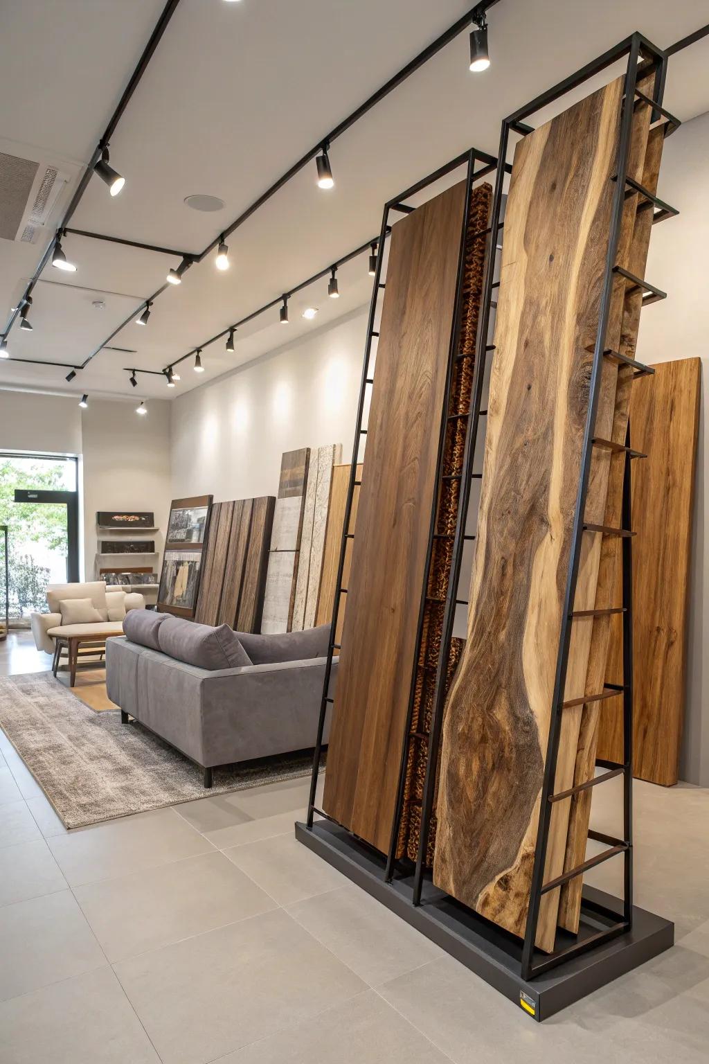 Vertical slab racks turn wood storage into an artful display.