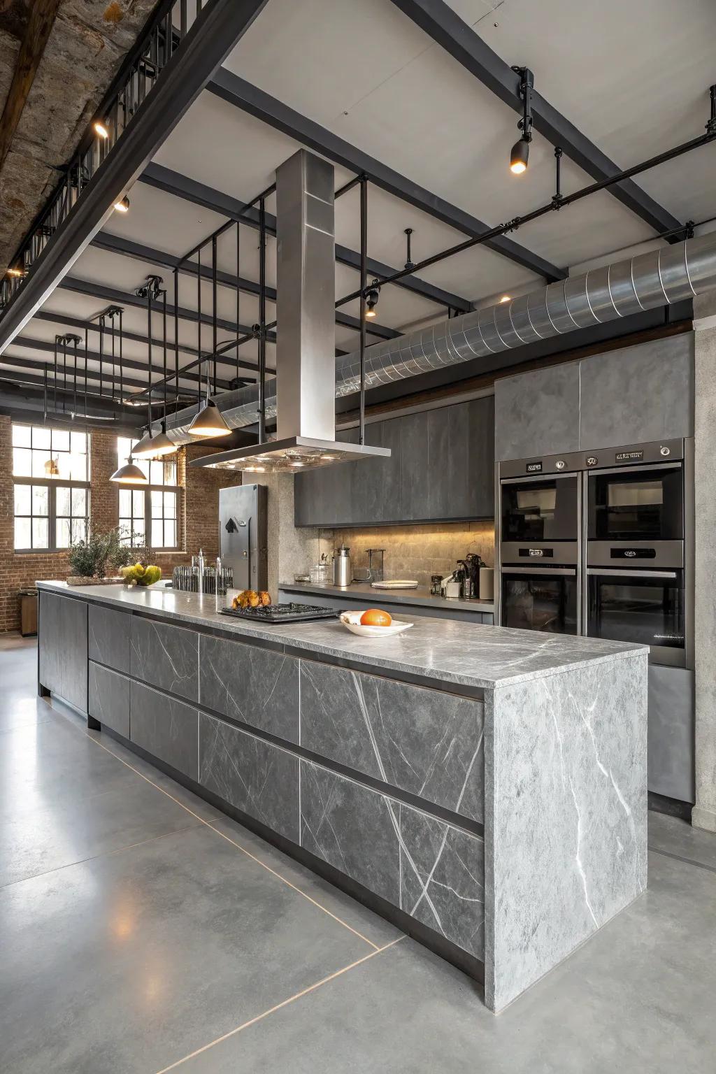 An industrial kitchen with striking grey marble.