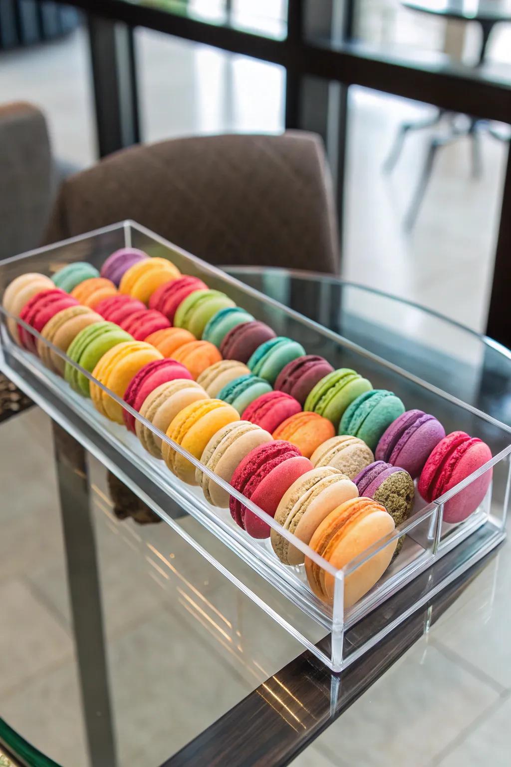 Modern presentation with macarons in acrylic tubes.