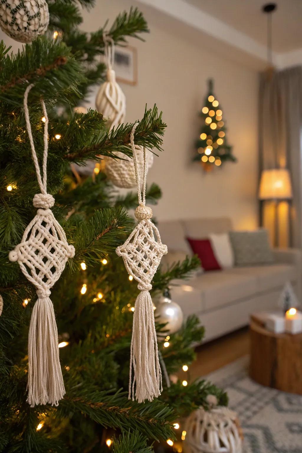 Create a festive forest with macrame Christmas tree ornaments.