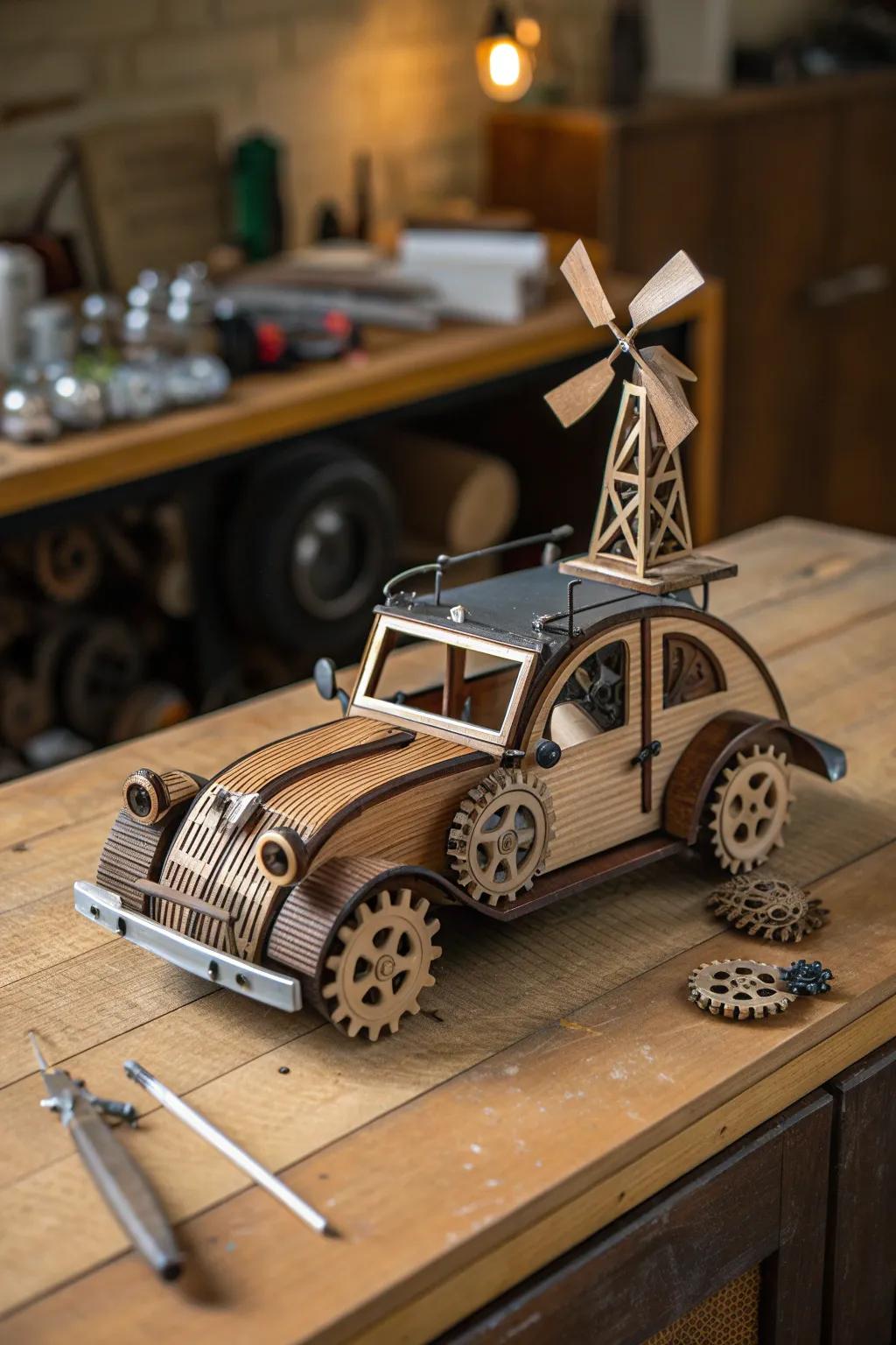 Harness the power of wind with this exquisitely crafted mini wind-powered car. Perfect for the DIY enthusiast.