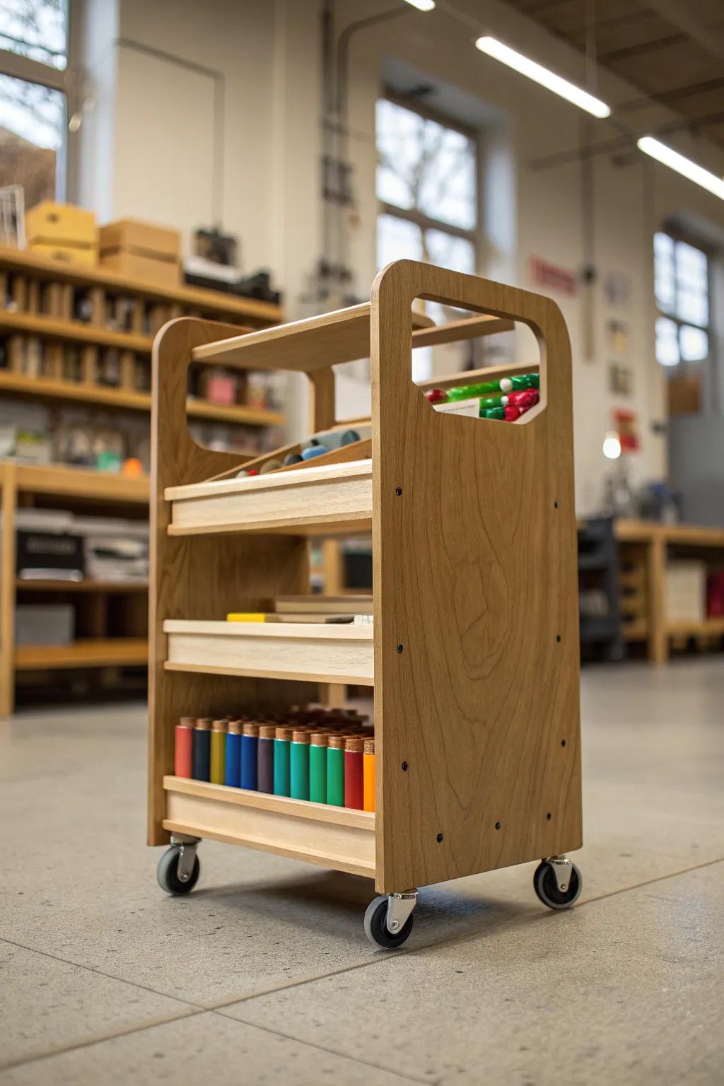 Elevate your makerspace with a stylish and functional rolling cart for all your crafting needs.