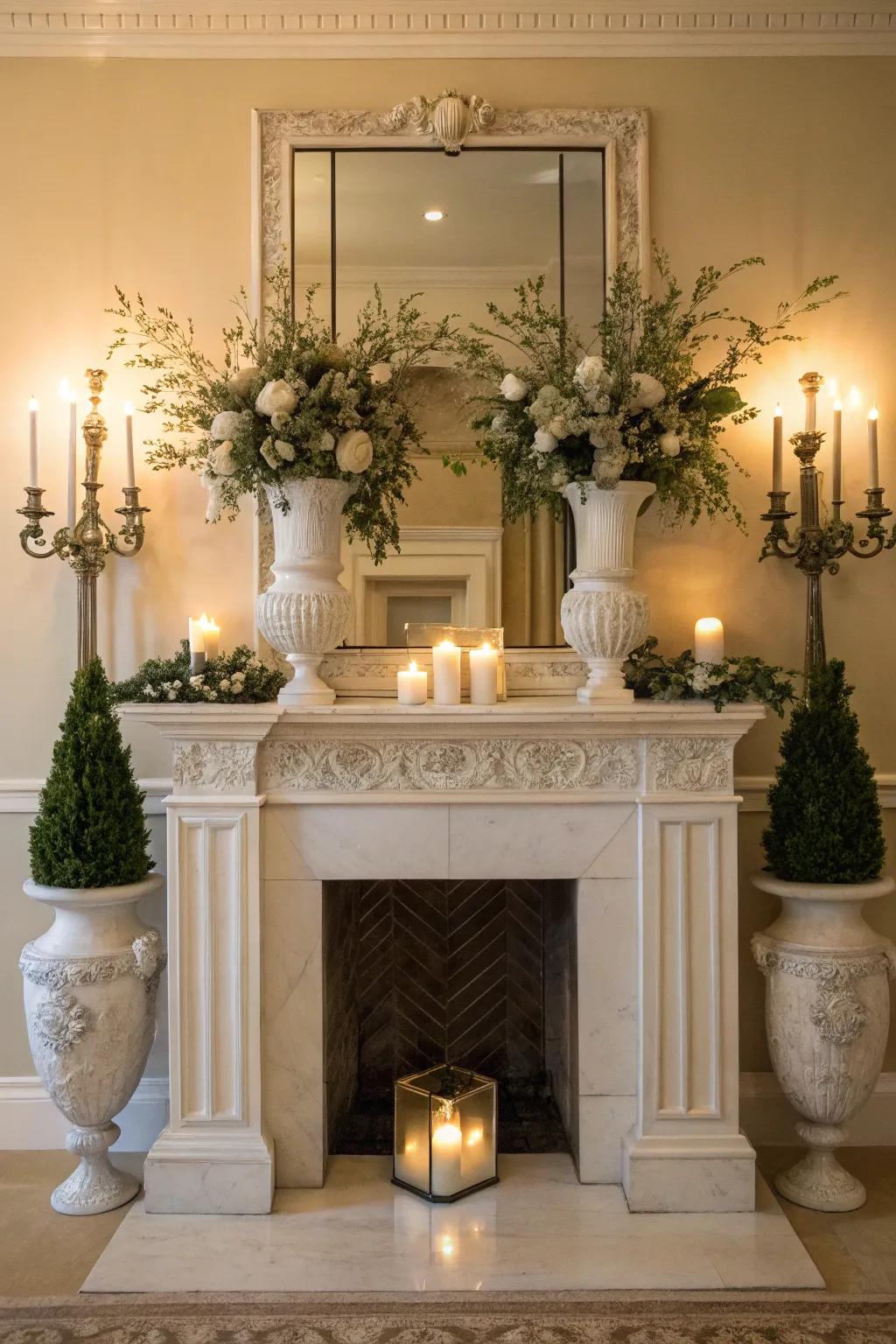 Symmetrical mantel decor with matching vases and candles.