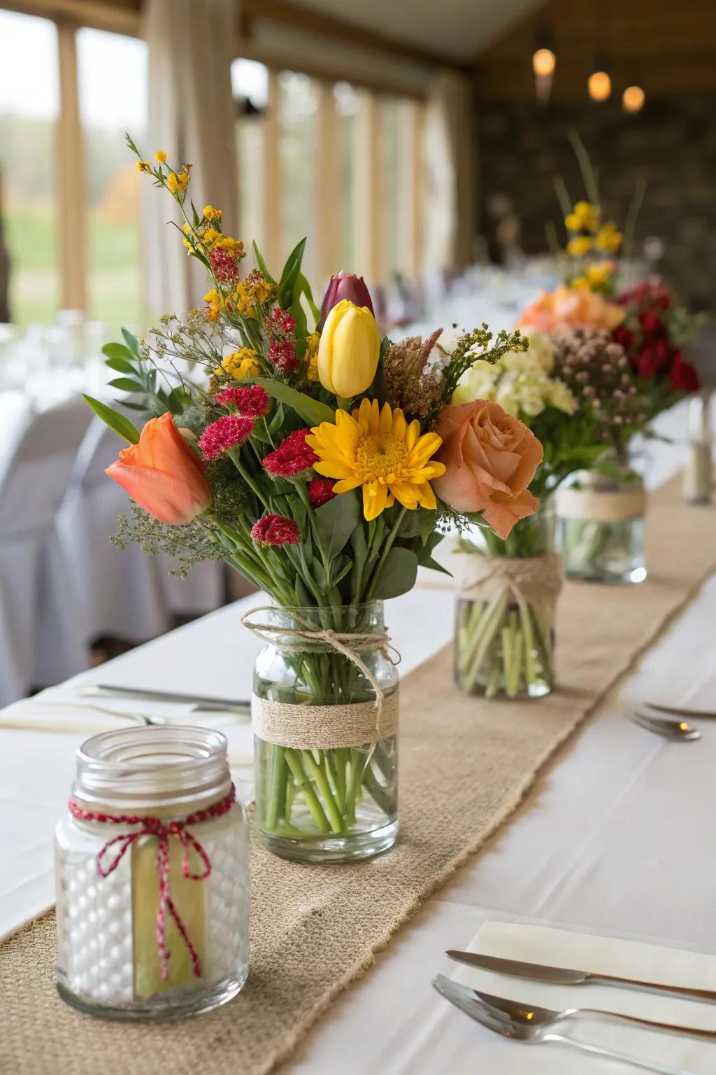 Seasonal flowers in mason jars highlight the beauty of nature.