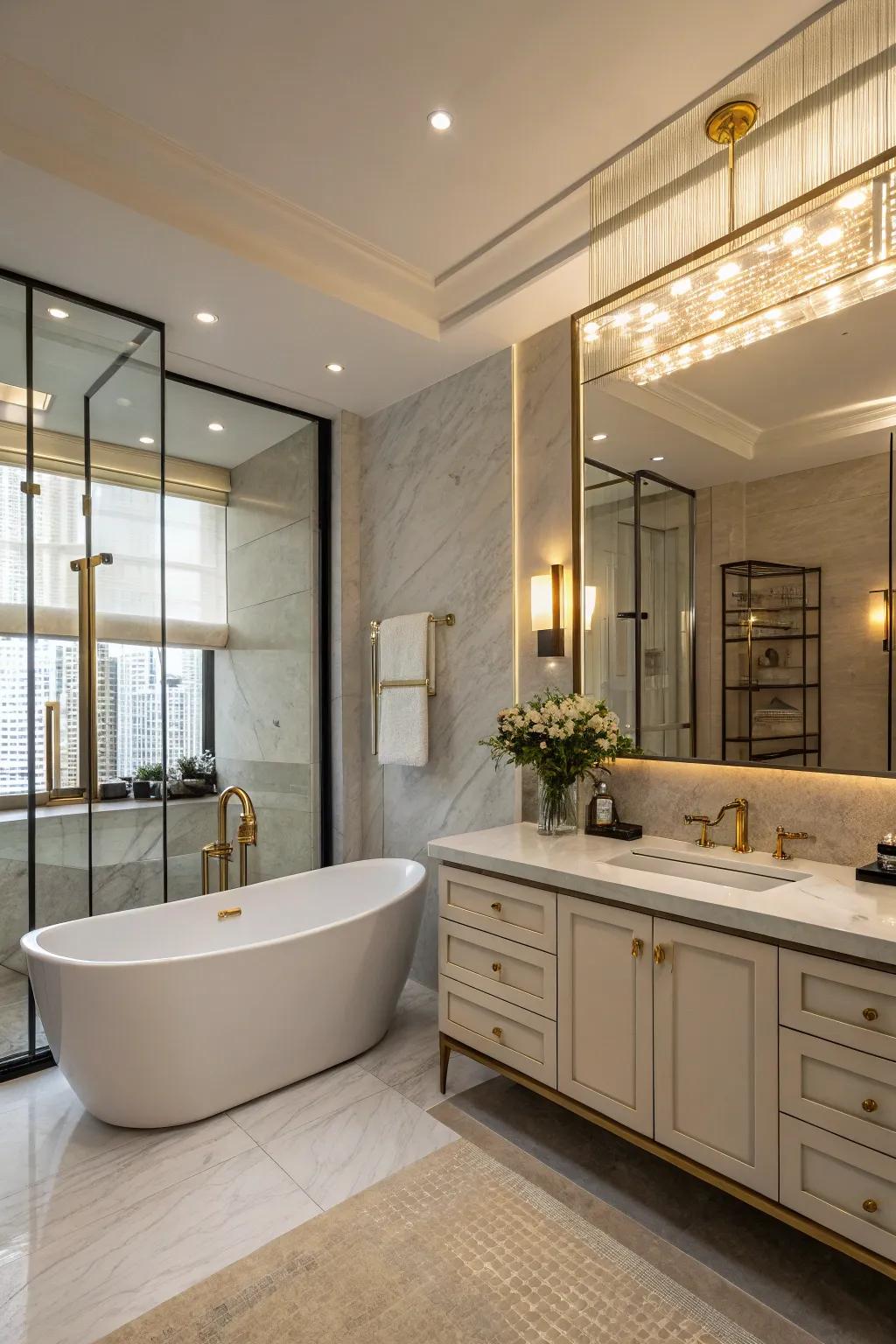 Statement lighting adds sophistication and sets the mood in this bathroom.