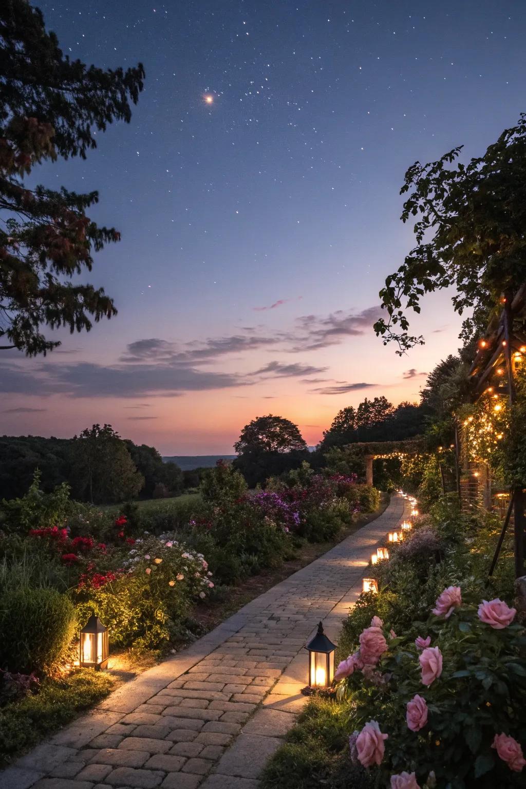 Solar lights softly illuminate the pathways in the memorial garden.