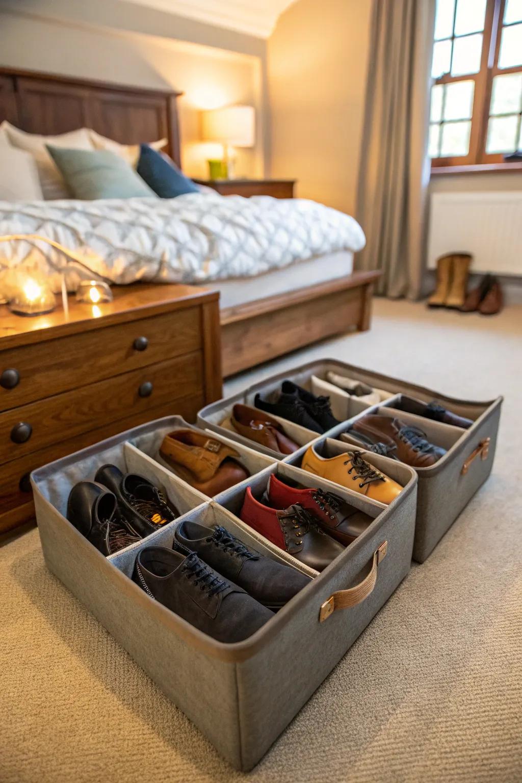 Under-bed storage is perfect for keeping shoes out of sight yet accessible.