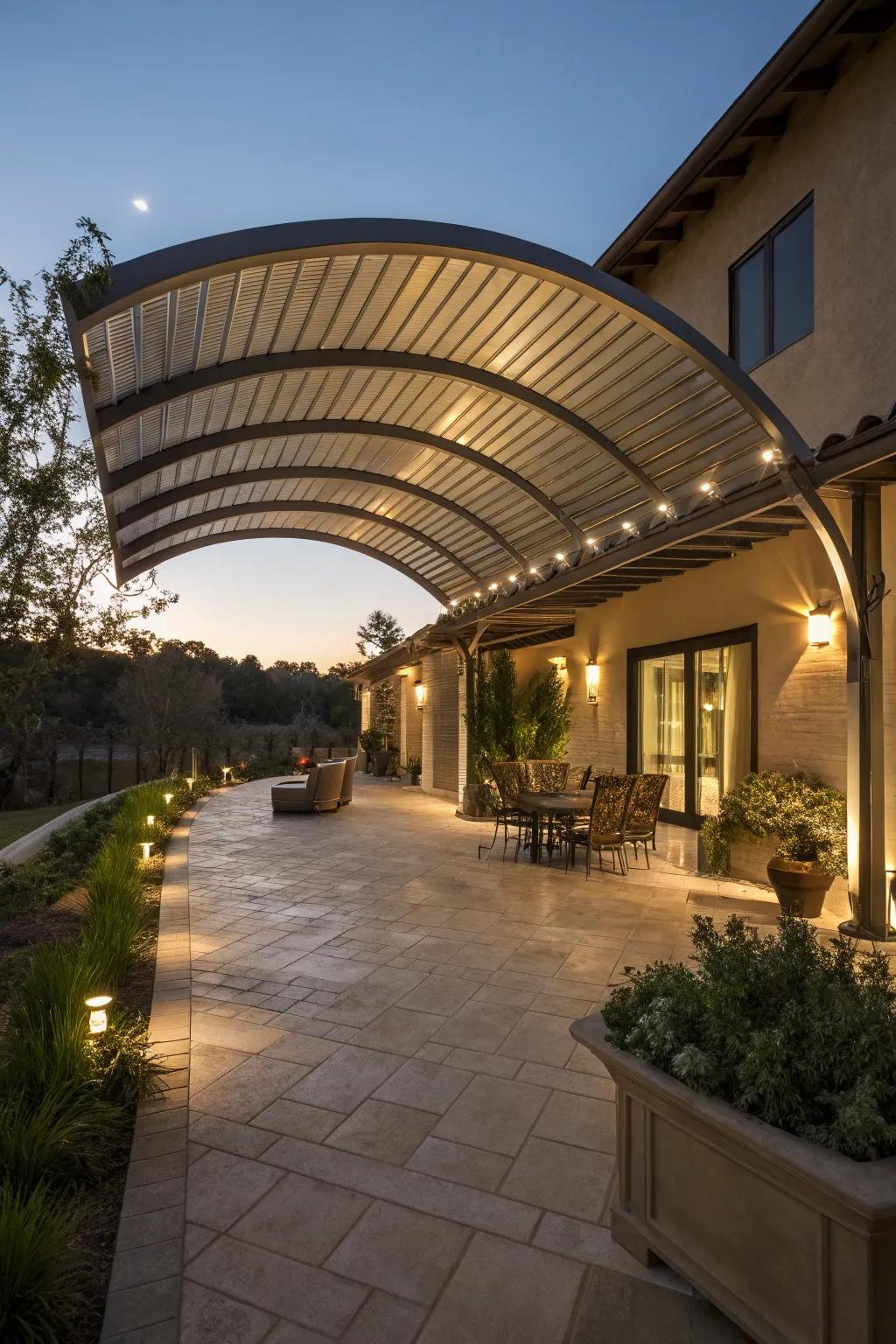 An elegant curved metal roof adds a graceful touch to this inviting patio space.